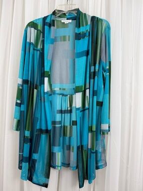 Susan Graver XL Sheer Open Front Kimono Cardigan Blue Green Print
